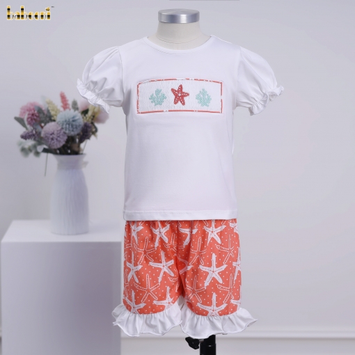 Short girl set white coral smocked stafish - BB2070