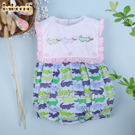 Embroidery crocodile girl bubble white bib sleeveless - BB2252