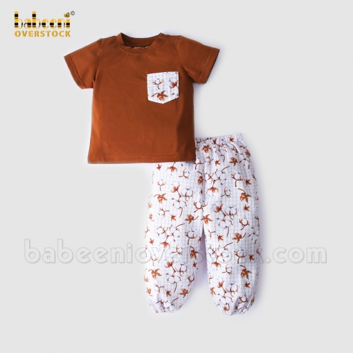 Boy sleepwear set brown top printed long pants - BB2303