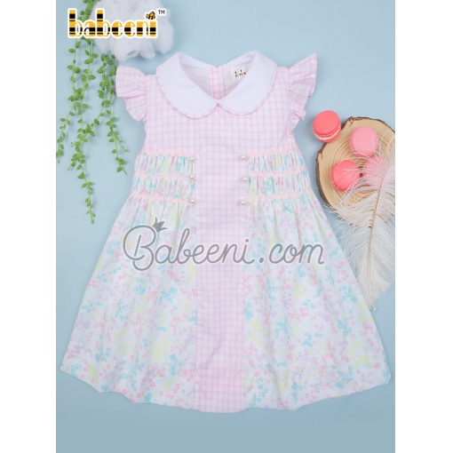 Flower printed baby pink window pane dress – BB3044
