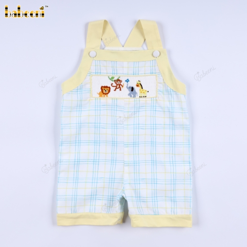 Animal hand smocked boy plaid shortall – BB3071A
