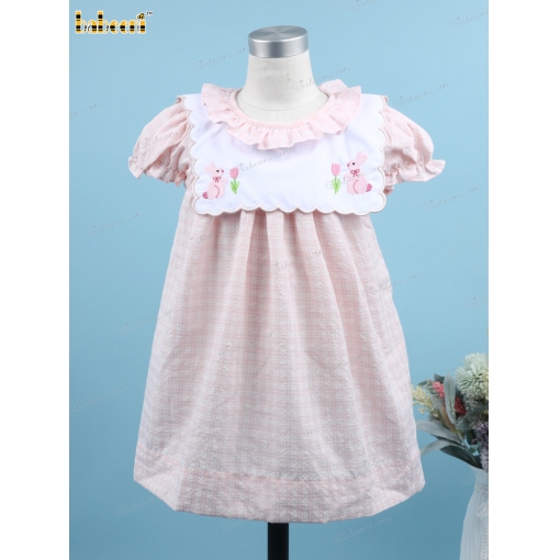 Machine Embroidery Dress In Pink With Bunny And Rose For Girl - BB3171