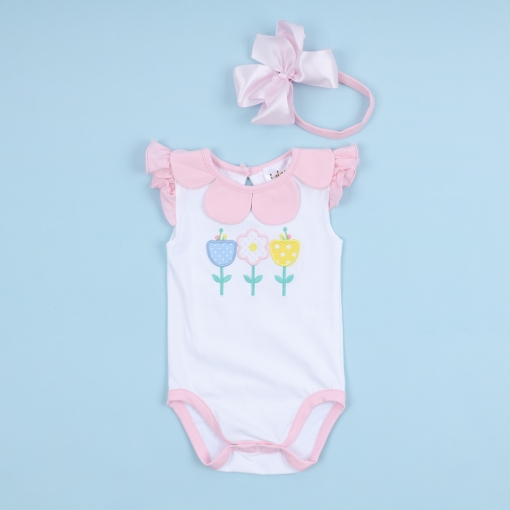 Applique Bodysuit Flowers And Pink Accent For Girl - BB3360A