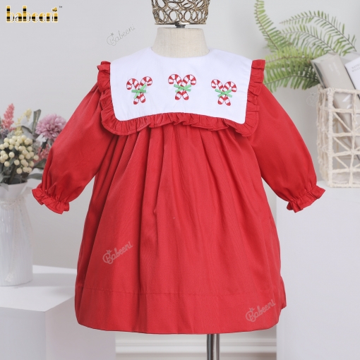 Candy cane hand embroidery baby dress - BB3391