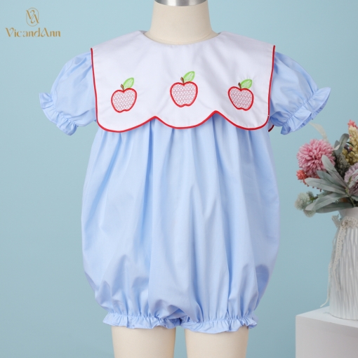 Girl Bubble In Blue With Apple Embroidered Back To School Eve - BB3408A