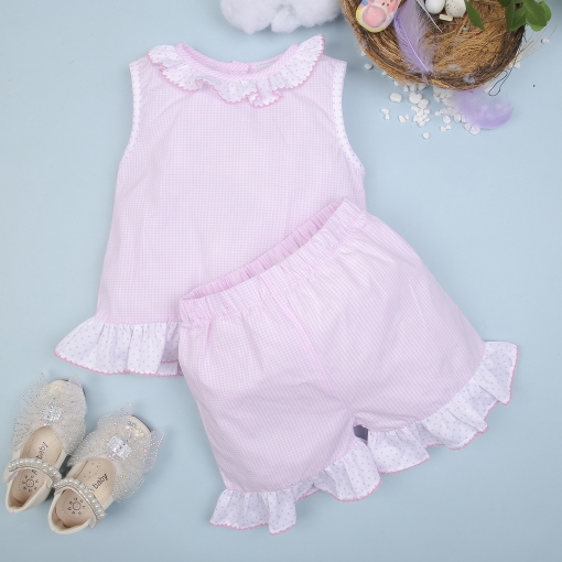 Pink gingham baby set clothing with ruffles on collar & top – BB2917