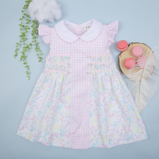 Flower printed baby pink window pane dress – BB3044
